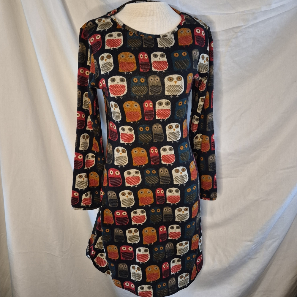 Owl Print Long Sleeve Shift Dress - Multicolor